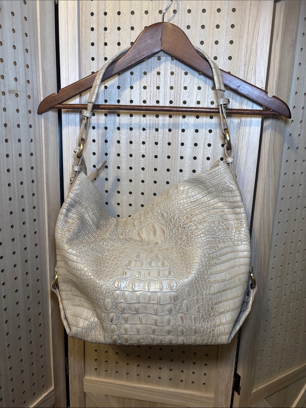 Brahmin Cream Croc-Embossed Leather Hobo with Gold Hardware